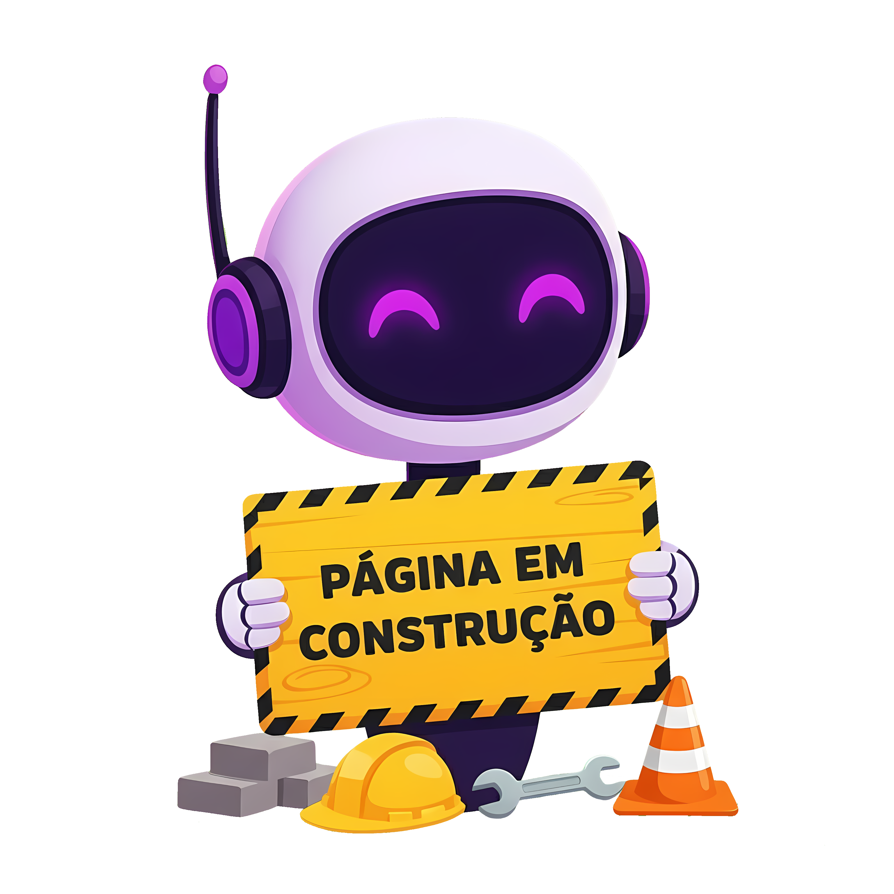 Robô segurando placa de 'Página em Construção'